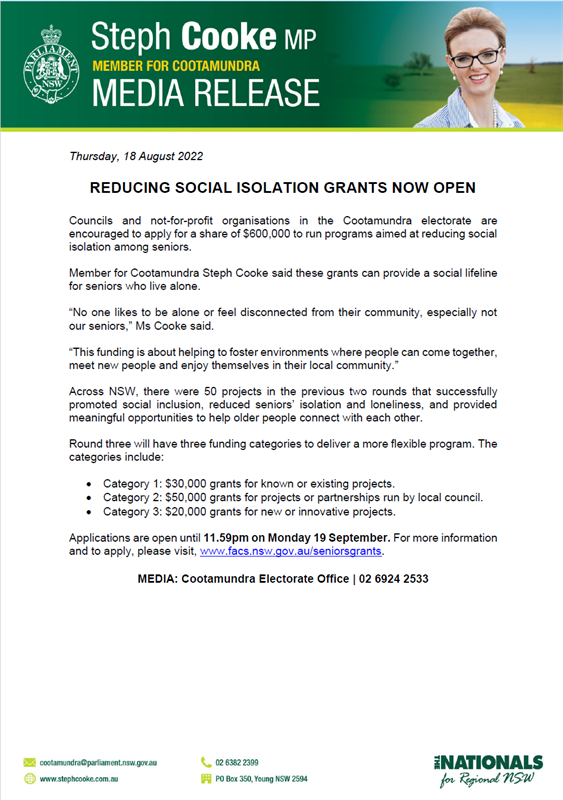 22 August 2022 Reducing Social Isolation Grants Now Open