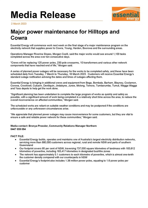 20230302 Major power maintenance for Hilltops and Cowra