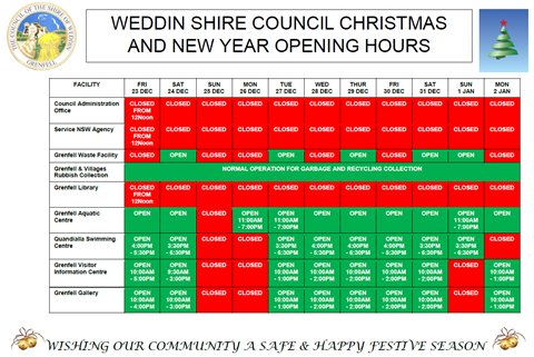 WSC Services 2022 Holiday Opening hours
